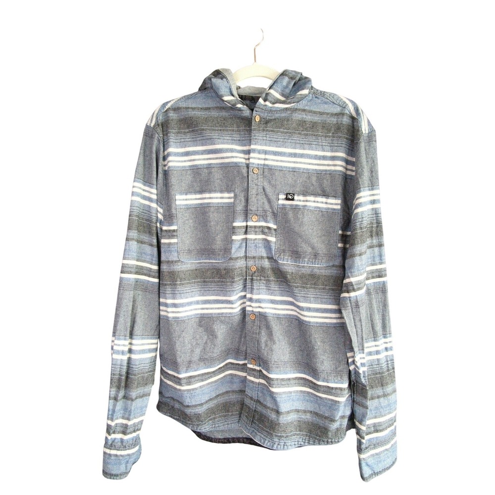 Tentree‎ Shirt Mens L Blue Striped Linen Cotton Hood
